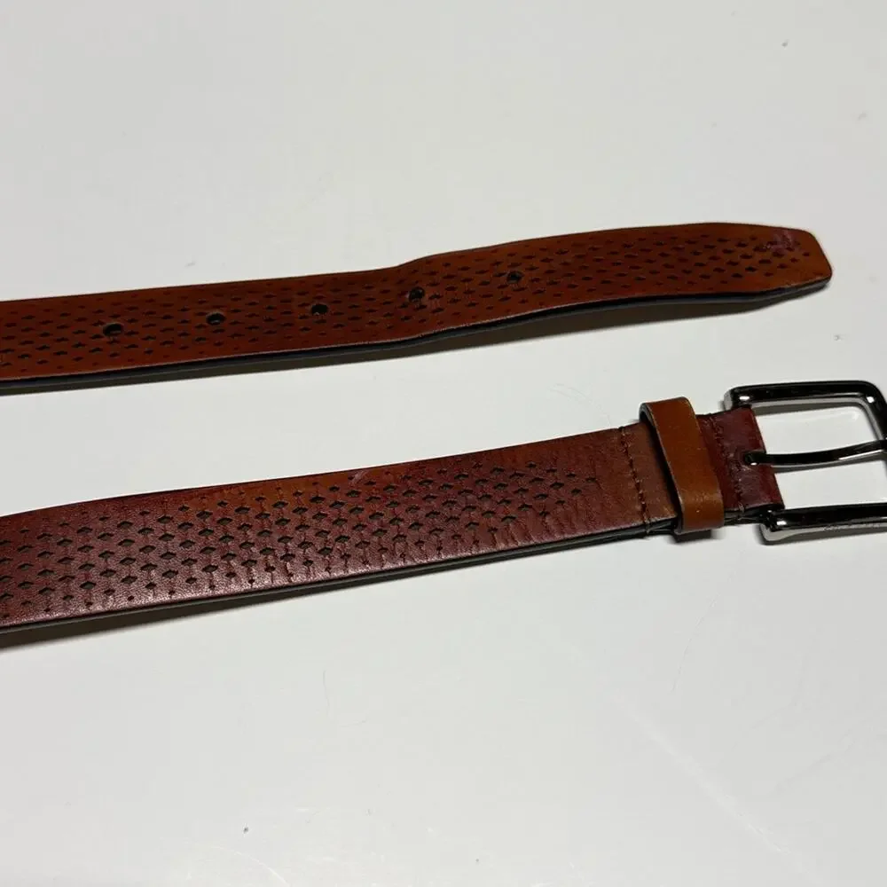 Cole Haan Brown Perforated Leather Belt with Silver Buckle 32
